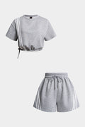 Striped Round Neck Drawstring Short Sleeve T-Shirt And Wide Leg Shorts Set