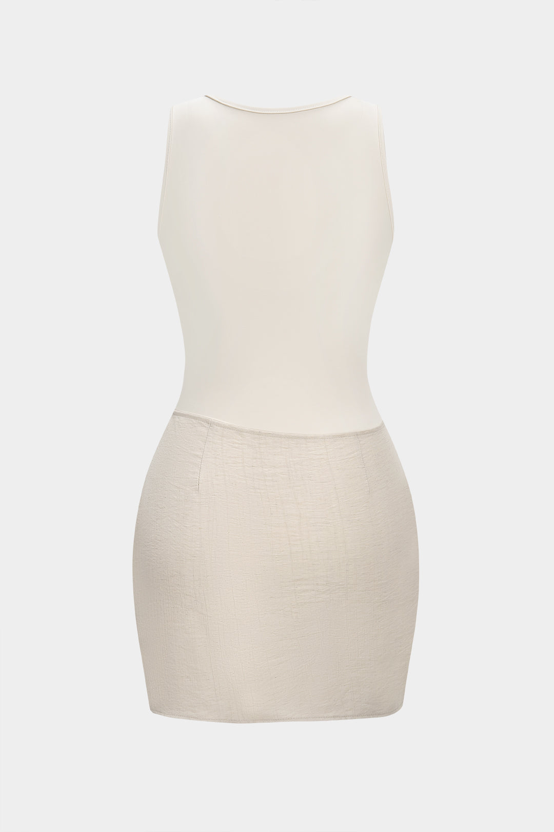 Patchwork Round Neck Tie Front Ruched Sleeveless Mini Dress