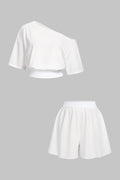 Solid One Shoulder Short Sleeve T-Shirt And Wide Leg Shorts Set