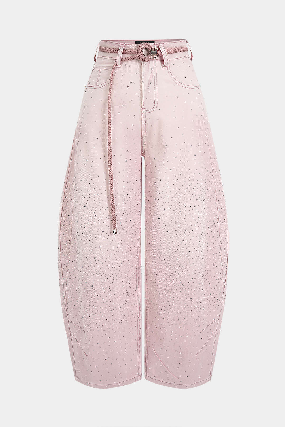 Rhinestone Belted Pocket Barrel Jeans