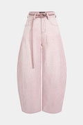 Rhinestone Belted Pocket Barrel Jeans