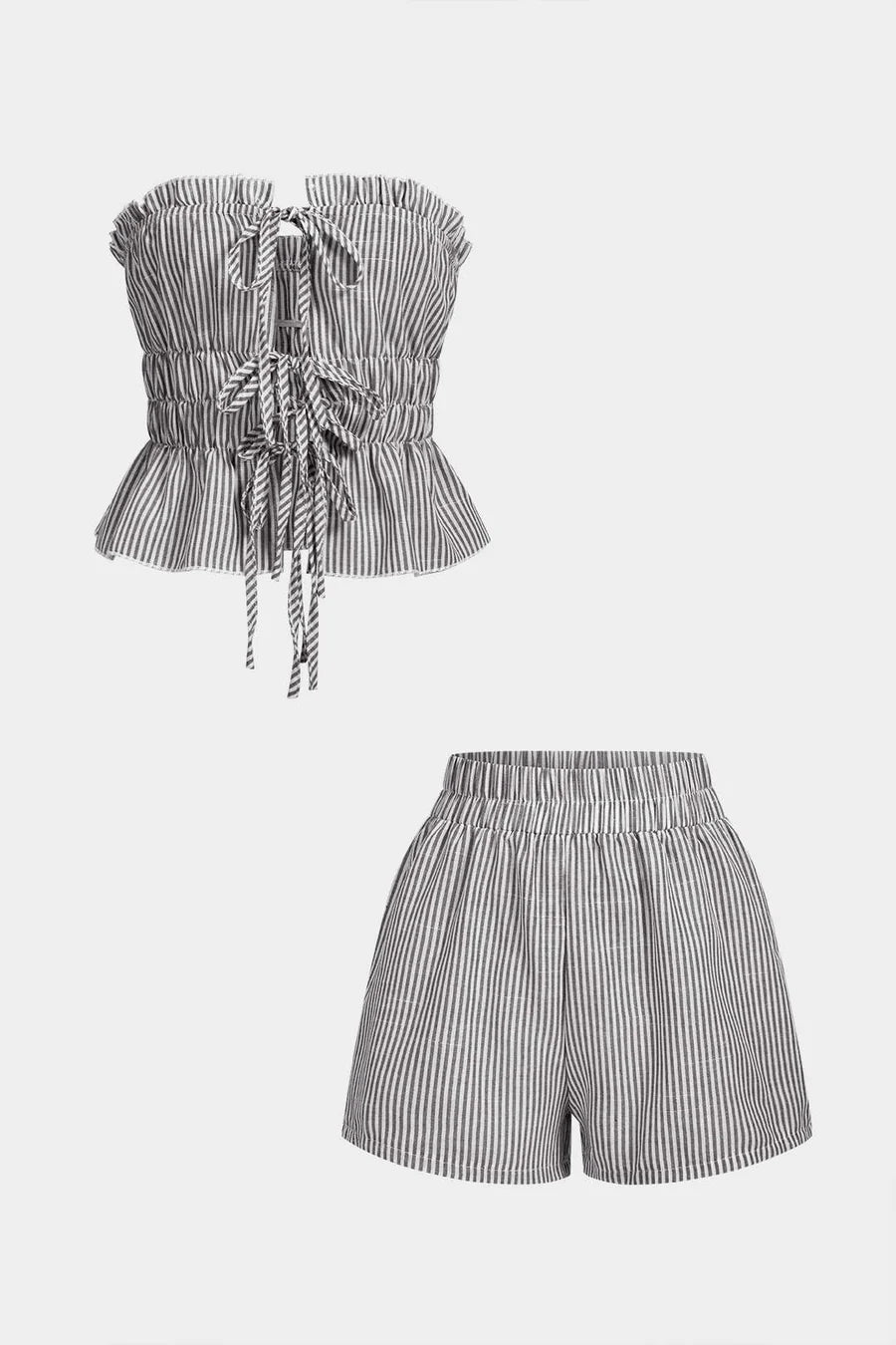 Stripes Print Ruffle Tie-Up Tube Top And Shirred Waistband Shorts Set