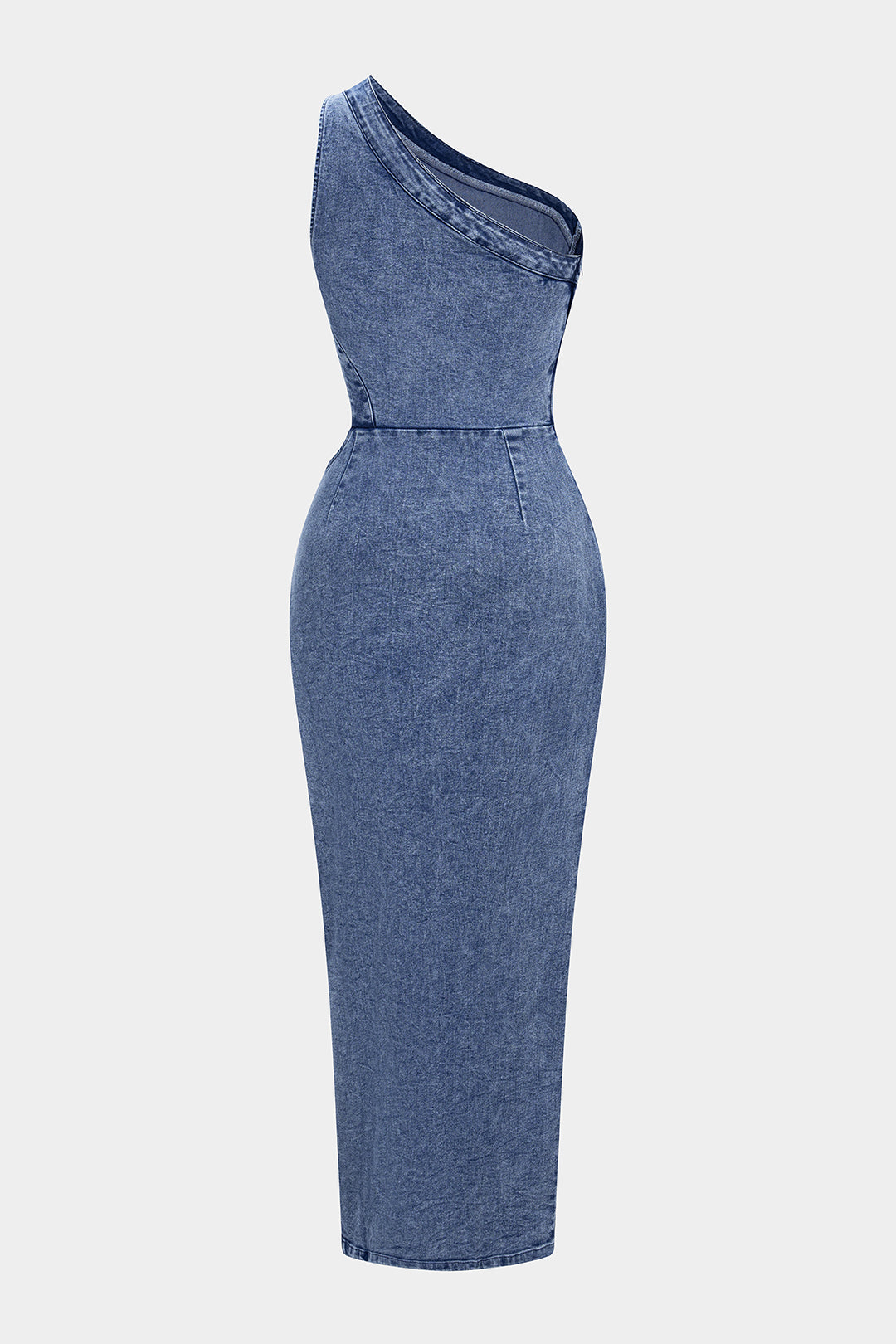 Denim One Shoulder Cut Out Asymmetrical Slit Zipper Dress