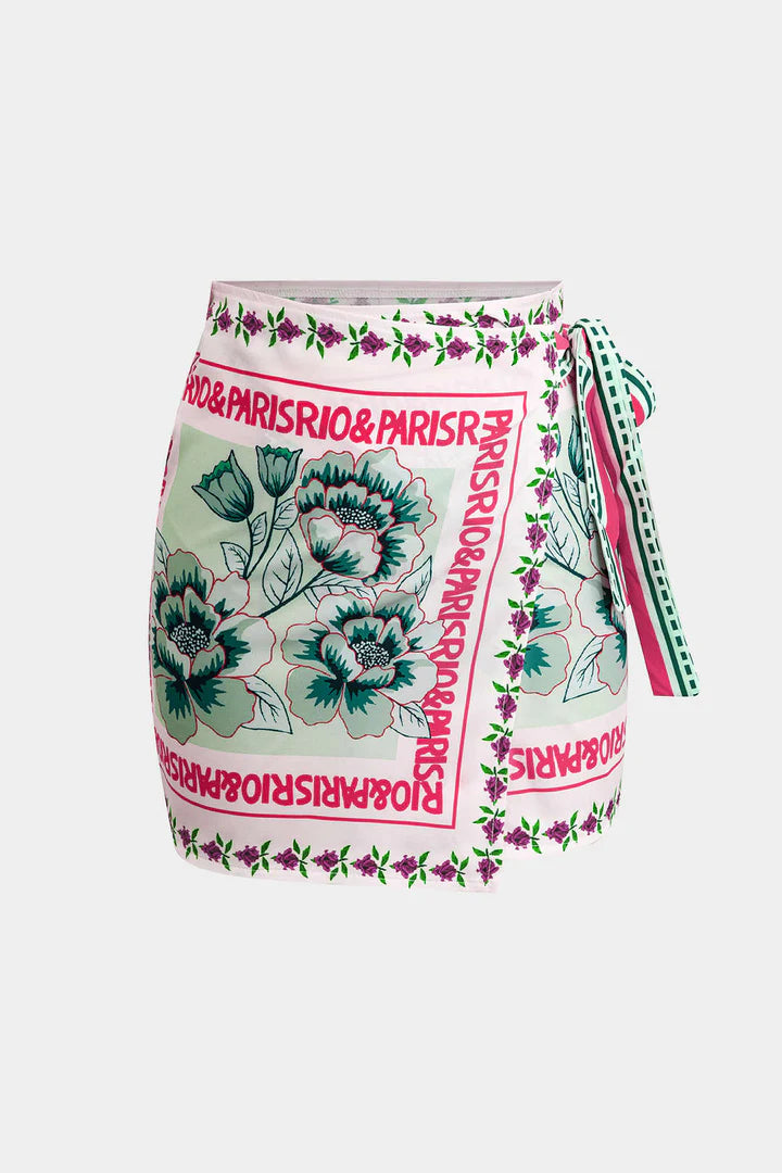 Retro Floral Print Knotted Wrap Mini Skirt