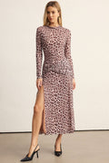 Leopard Print Mesh Ruched Slit Long Sleeve Midi Dress