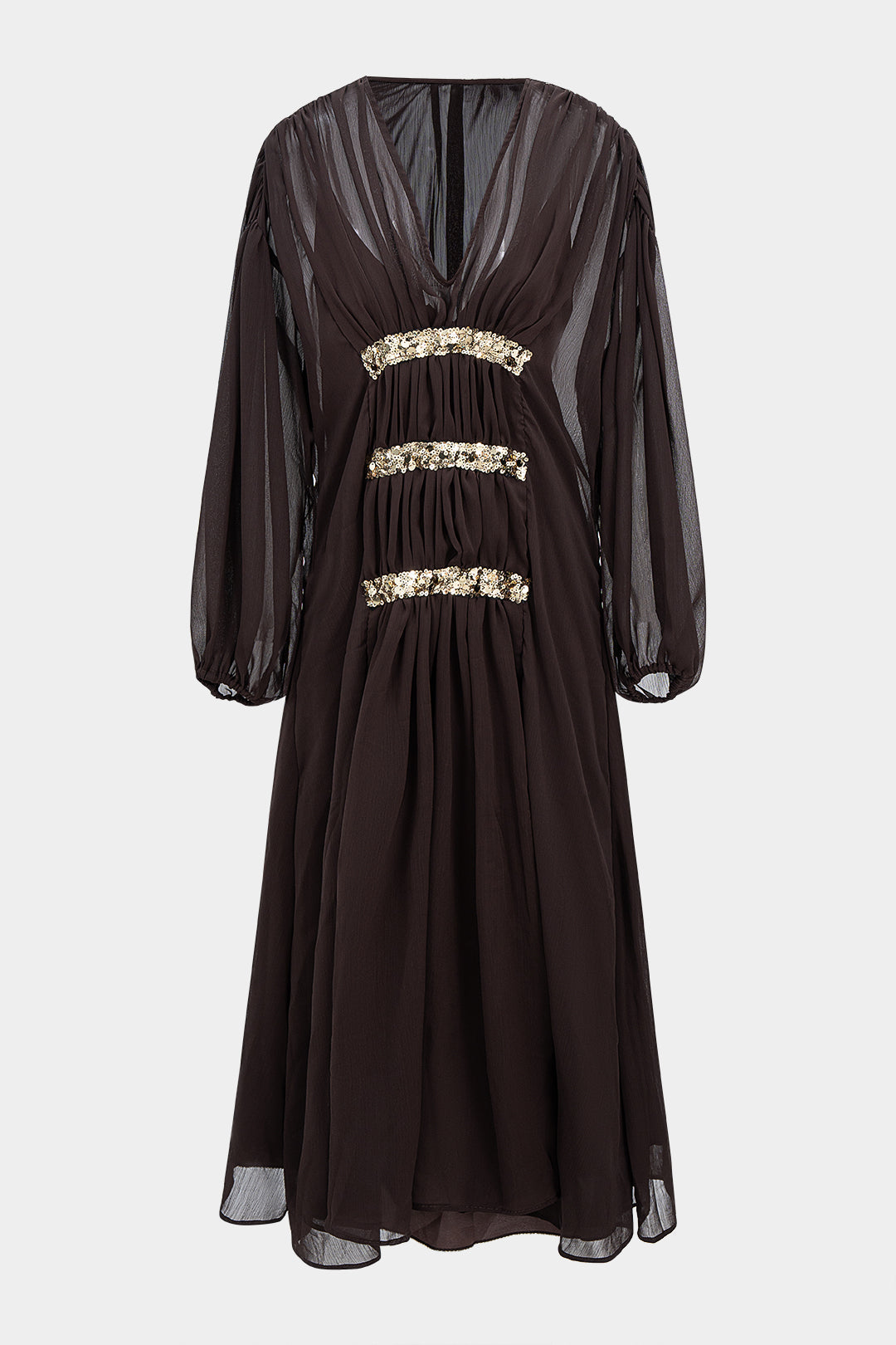 Mesh Sequin Decor V-Neck Ruched Long Sleeve Maxi Dress
