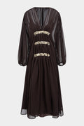 Mesh Sequin Decor V-Neck Ruched Long Sleeve Maxi Dress