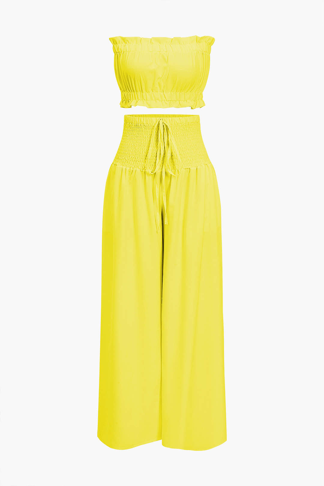Ruched Tube Top And Tie Front Wide Leg Trousers Set