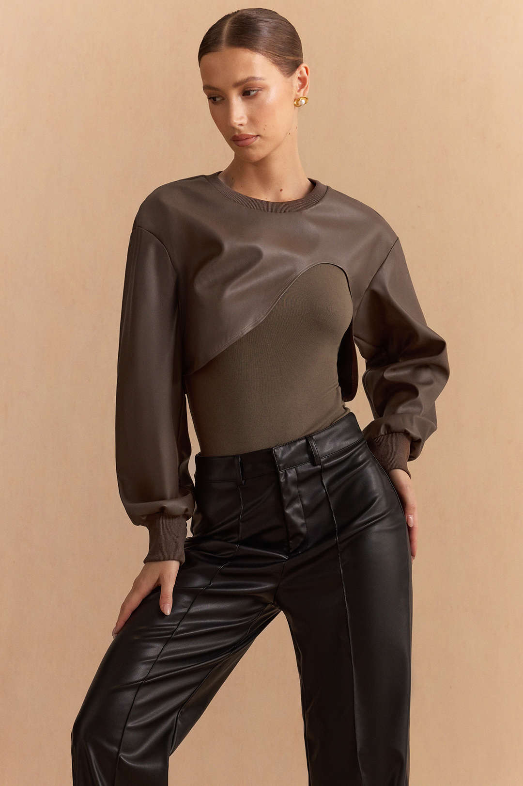 Faux Leather Patchwork Round Neck Asymmetrical Long Sleeve Bodysuit