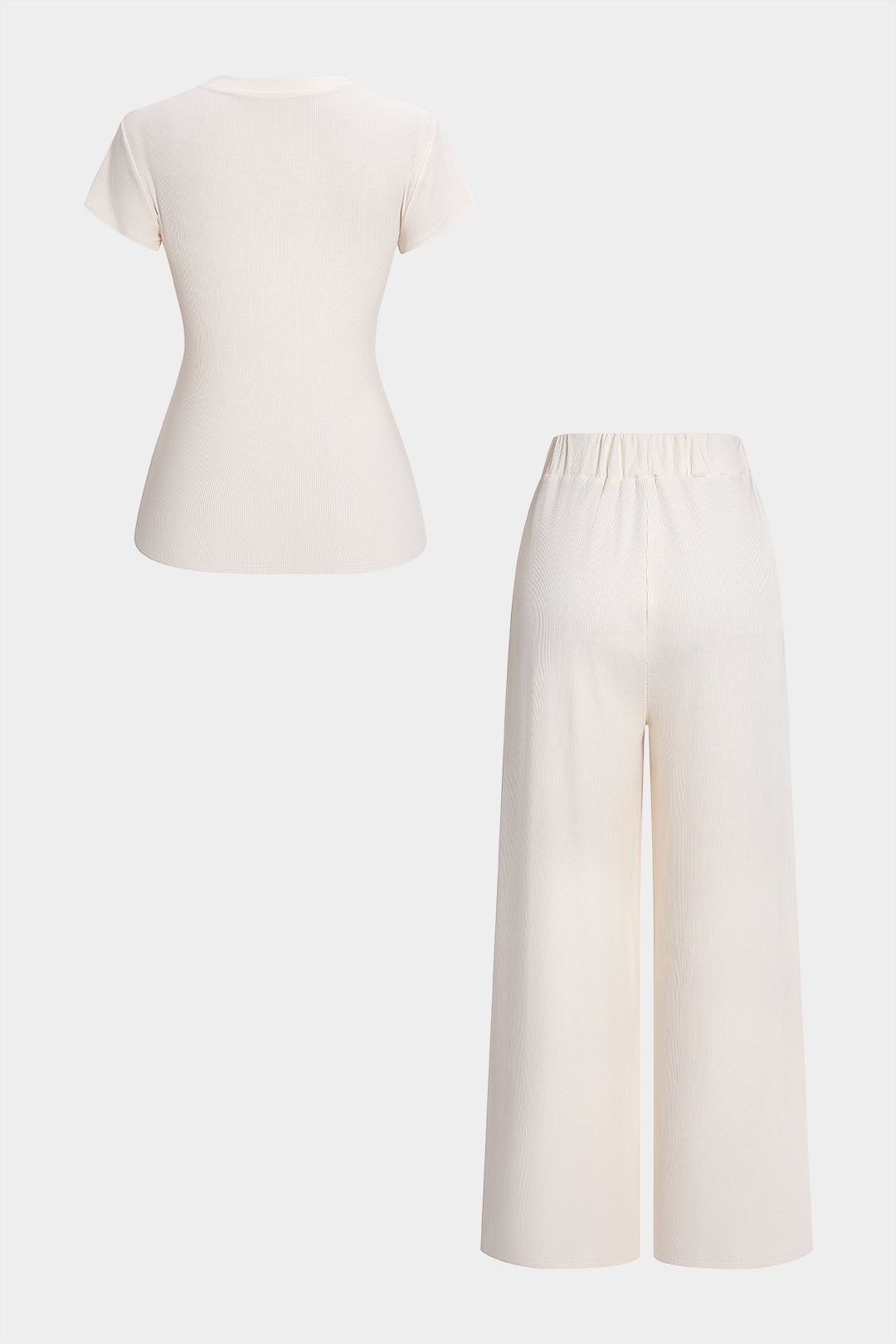 Solid Round Neck Button Short Sleeve Top And High Waist Pants Set