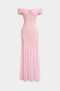 Ruched Metallic Decor Patchwork Off Shoulder Strapless Maxi Dress