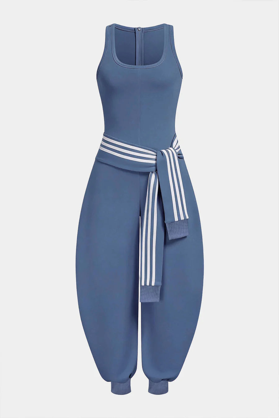 U-Neck Contrast Striped Tie-Up Zipper Barrel Jumpsuit