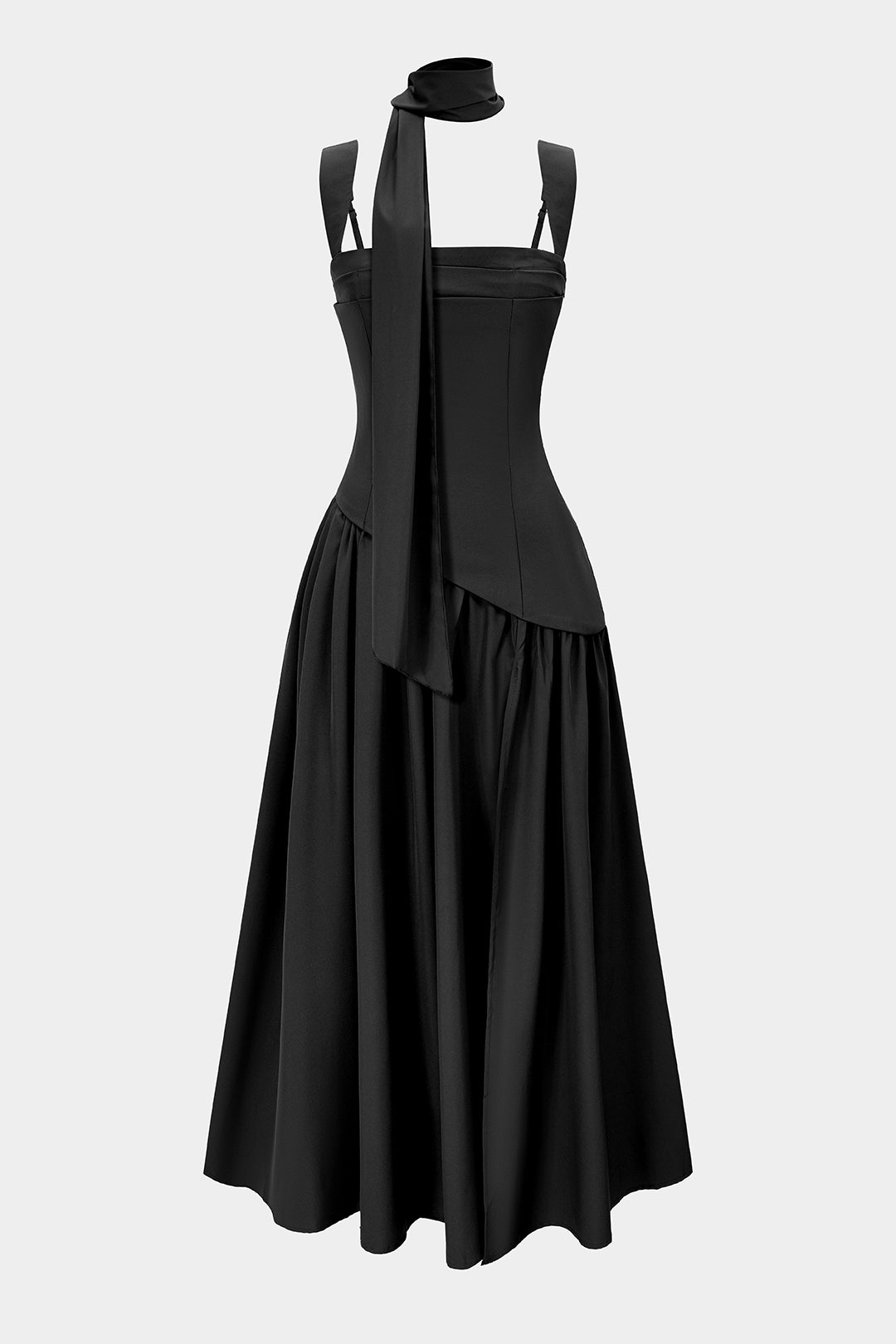 Asymmetrical Ruched Sleeveless Midi Dress With Scarf