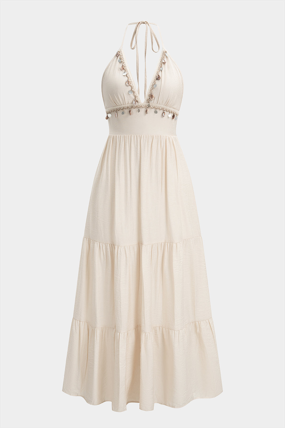 Fringe Halter V-Neck Sleeveless Maxi Dress