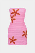 Knit Contrast Floral Strapless Sleeveless Dress