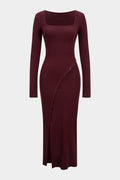 Asymmetrical Button Split Square Neck Long Sleeve Maxi Dress