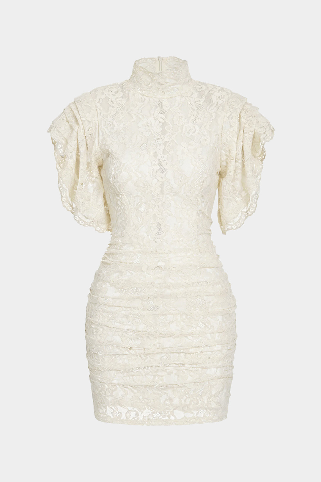 Sheer Lace Mock Neck Ruched Short Sleeve Mini Dress