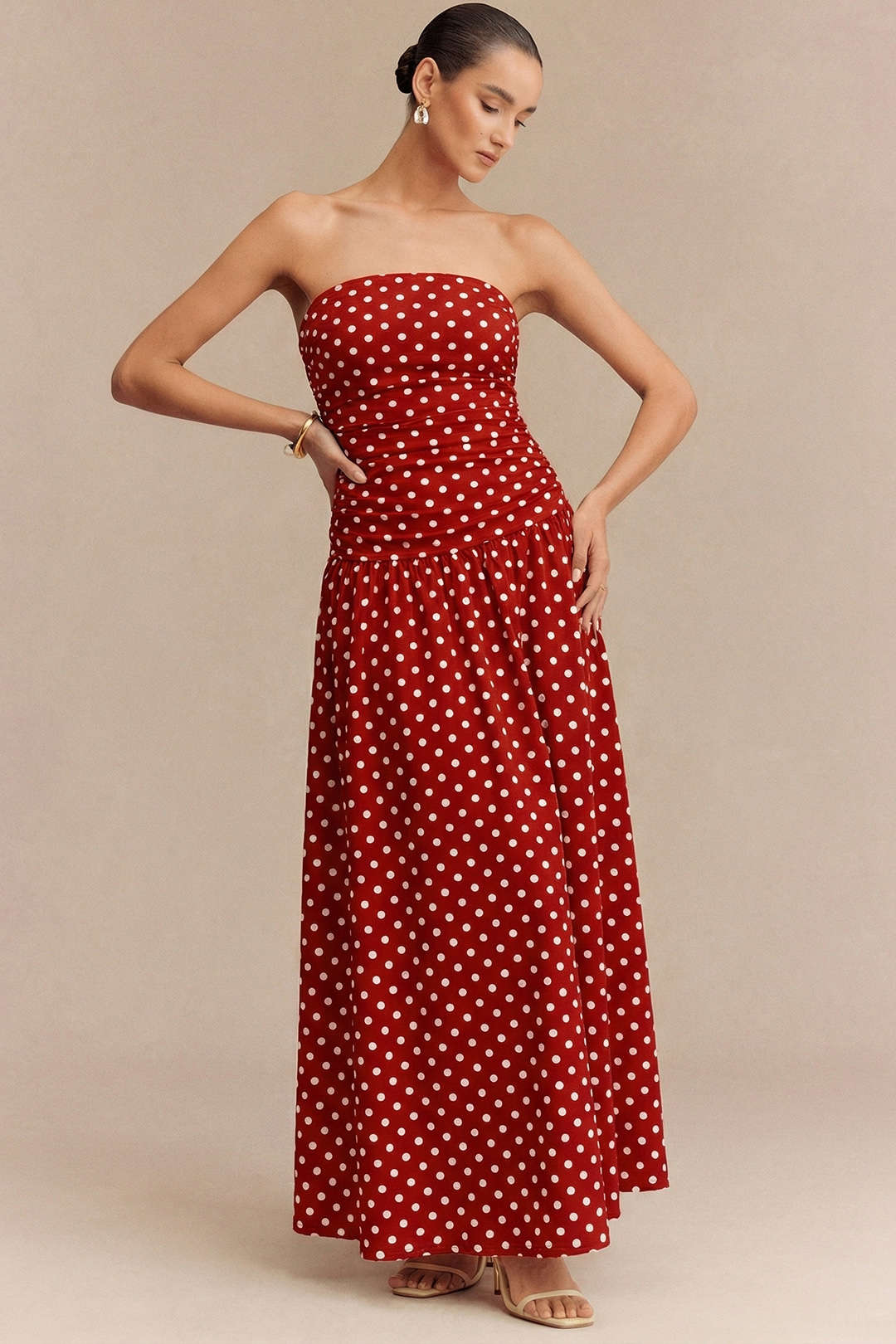 Polka Dots Print Strapless Sleeveless Maxi Dress