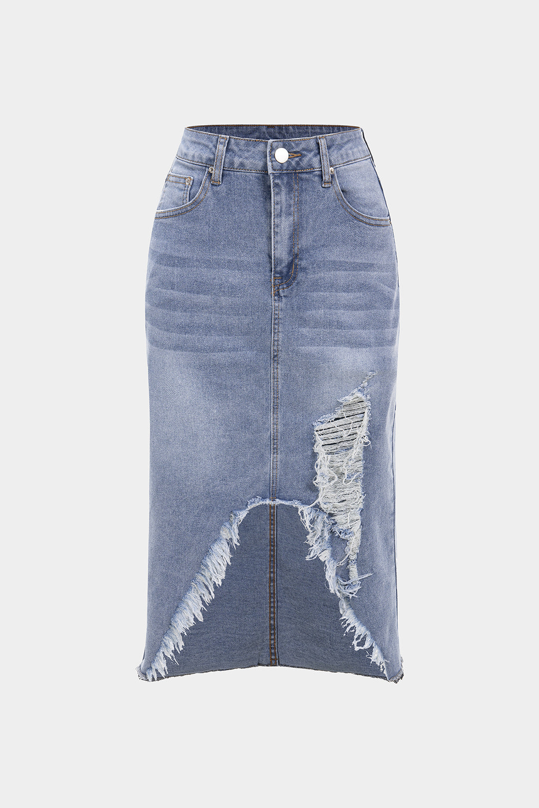 Denim Frayed Ripped High Waist Skirt