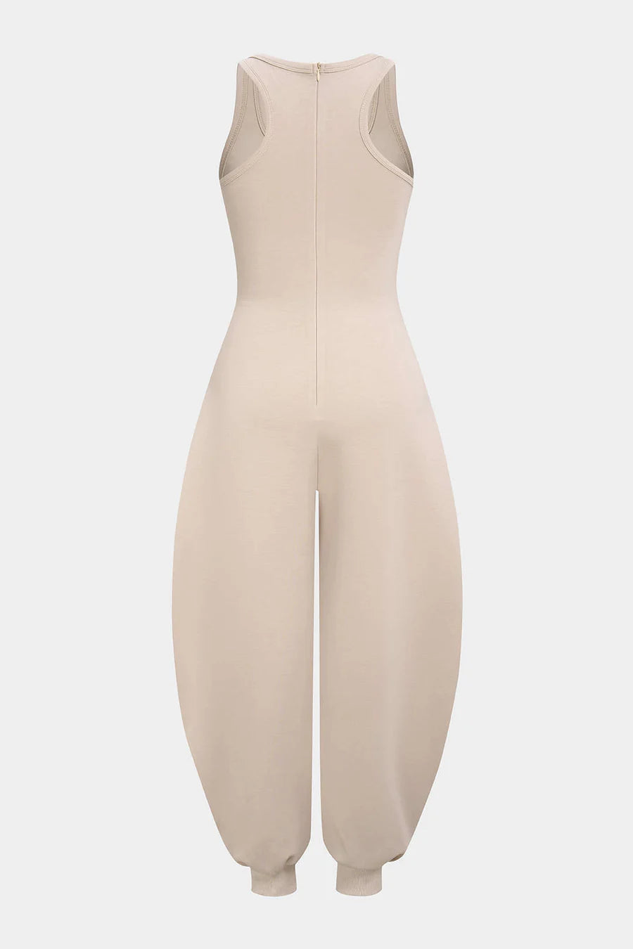 U-Neck Contrast Striped Tie-Up Zipper Barrel Jumpsuit