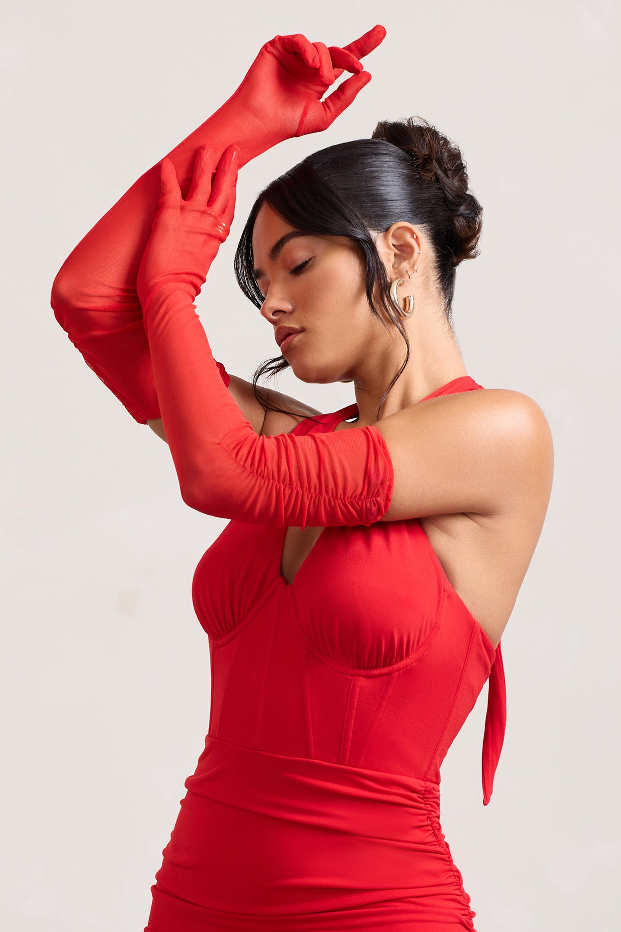 Your Touch | Red Sheer Long Ruched Gloves