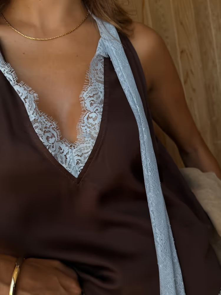 Chic Brown and Blue Lace Panel Top