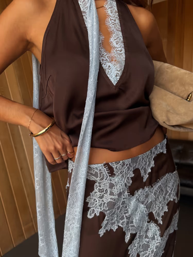 Chic Brown and Blue Lace Panel Top