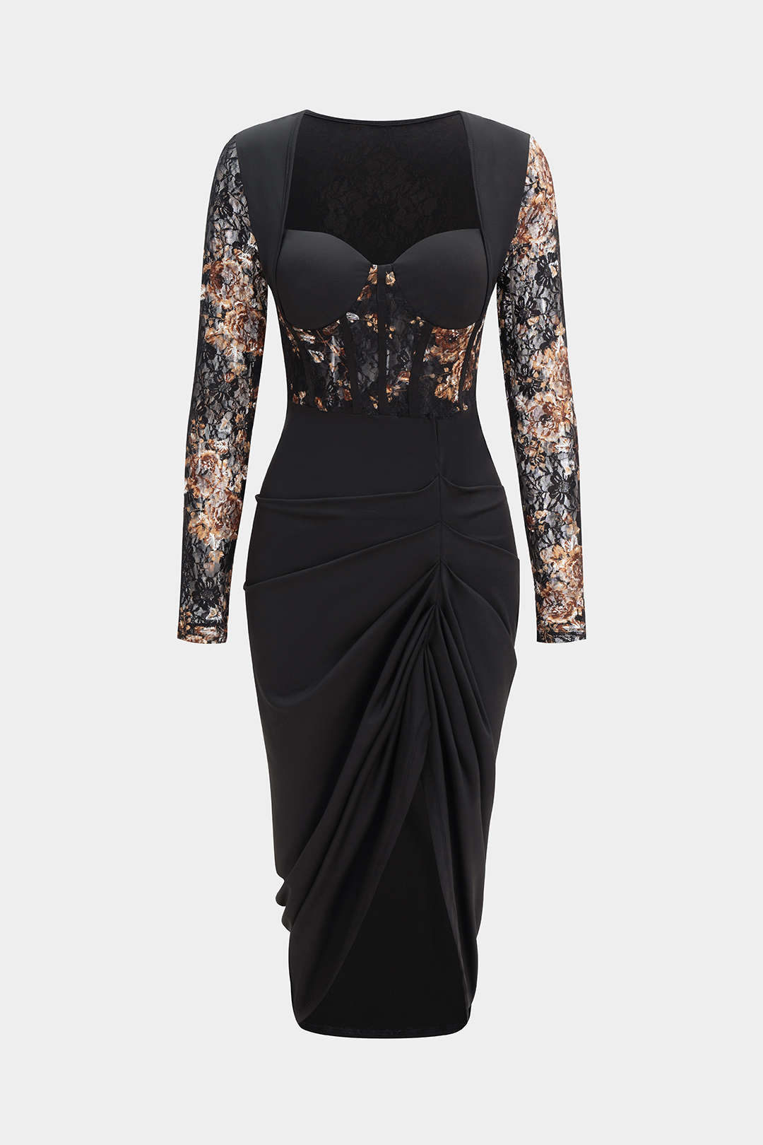 Floral Print Lace Patchwork Long Sleeve Midi Dress