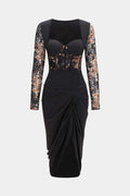 Floral Print Lace Patchwork Long Sleeve Midi Dress