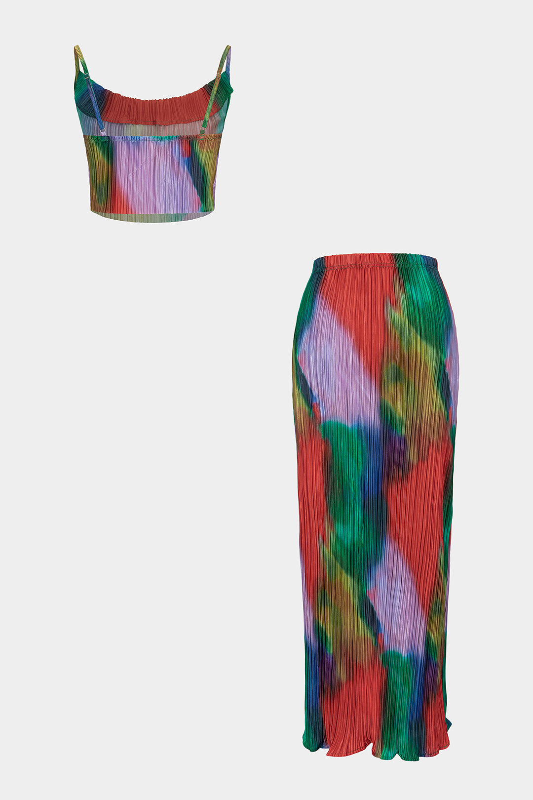 Tie Dye Print Satin Pleated Round Neck Cami Top And High Waist Skirt Set