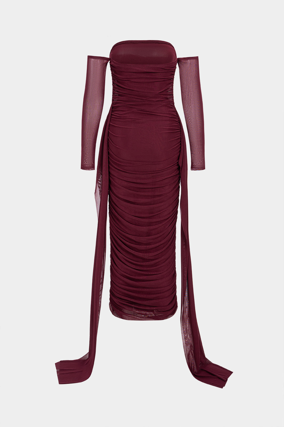 Mesh Off Shoulder Ruched Long Sleeve Maxi Dress