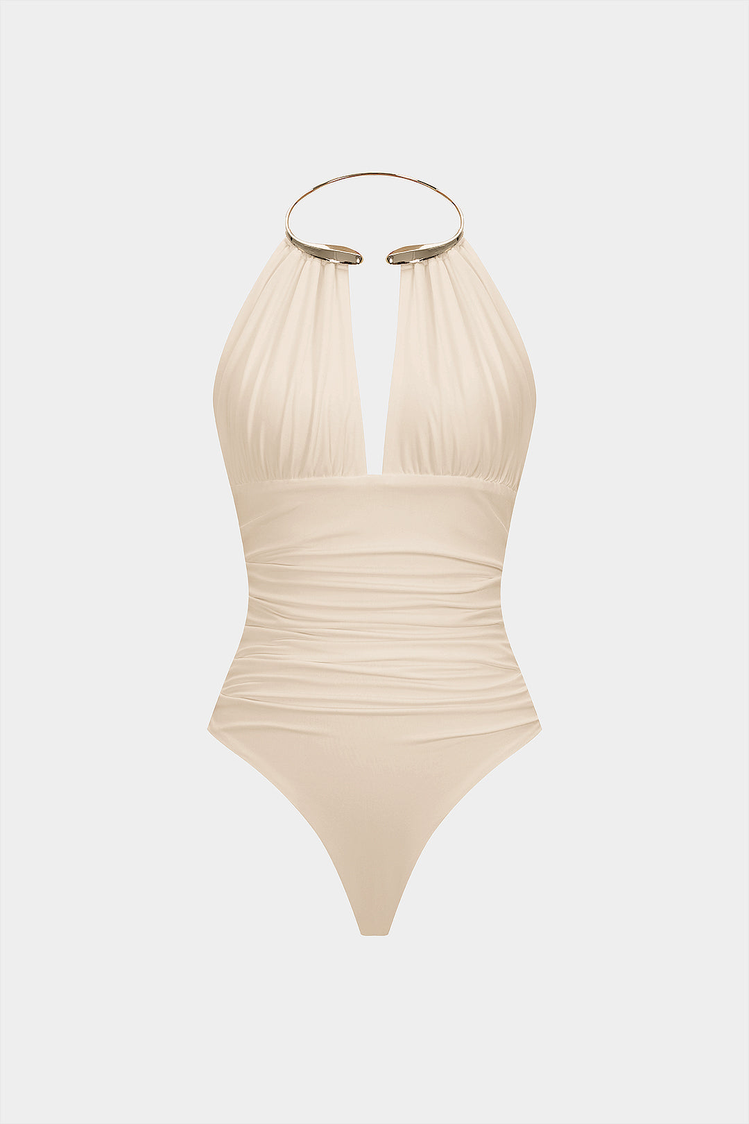 Metallic Decor Halter Neck Ruched Sleeveless Backless Bodysuit