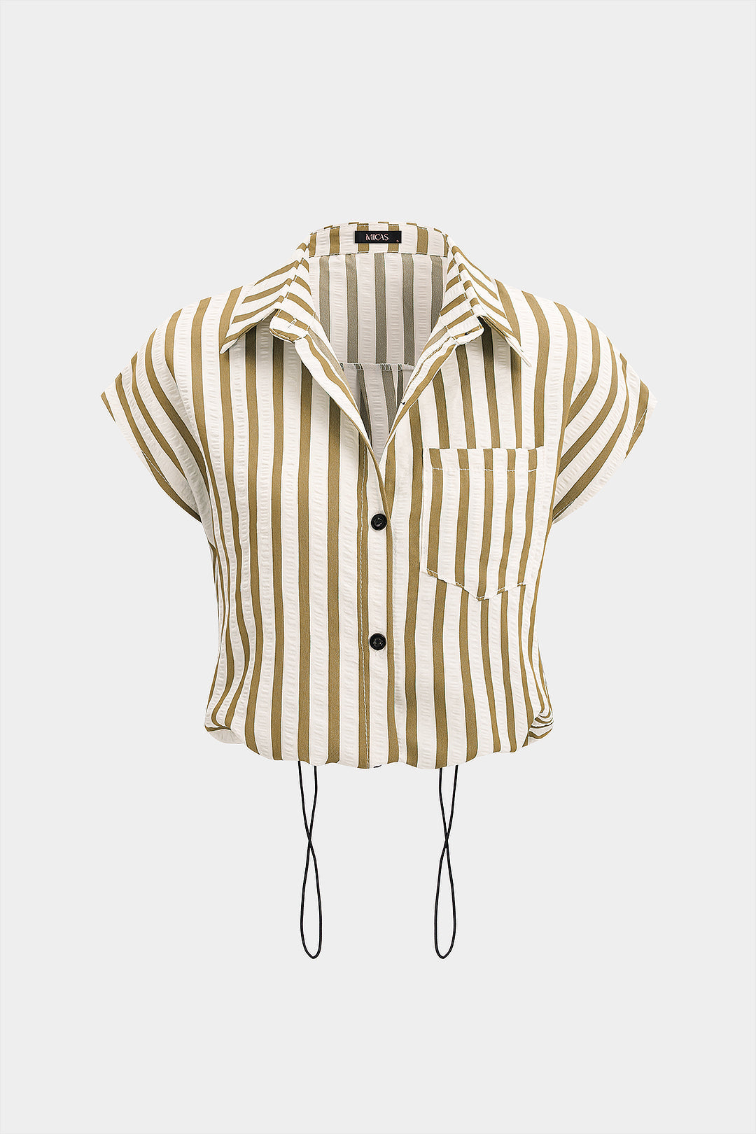 Stripes Print Lapel Button Drawstring Short-Sleeve Shirt
