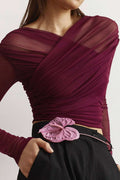 Solid Sheer Mesh Ruched Long-Sleeve Top