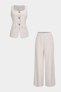 Square Neck Metallic Button Tank Top And Wide Leg Pants Set