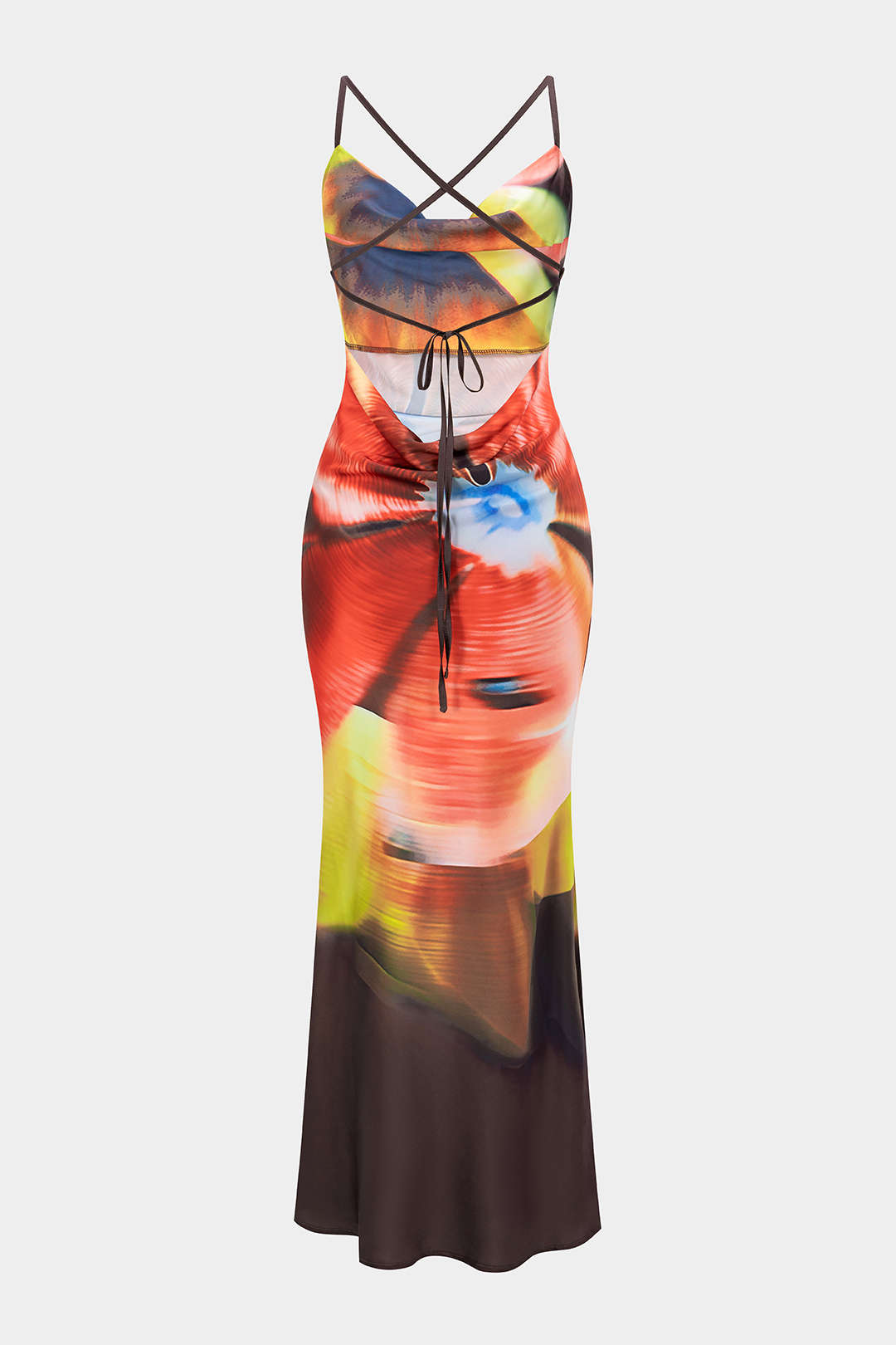 Tie Dye Print Satin Draped Cowl Neck Sleeveless Maxi Dress