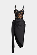 Floral Lace Patchwork Twist Knot Sleeveless Dress And Satin Asymmetrical Tie-Knot Skirt Set