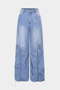 Denim Ruched Drawstring Straight Leg Jeans