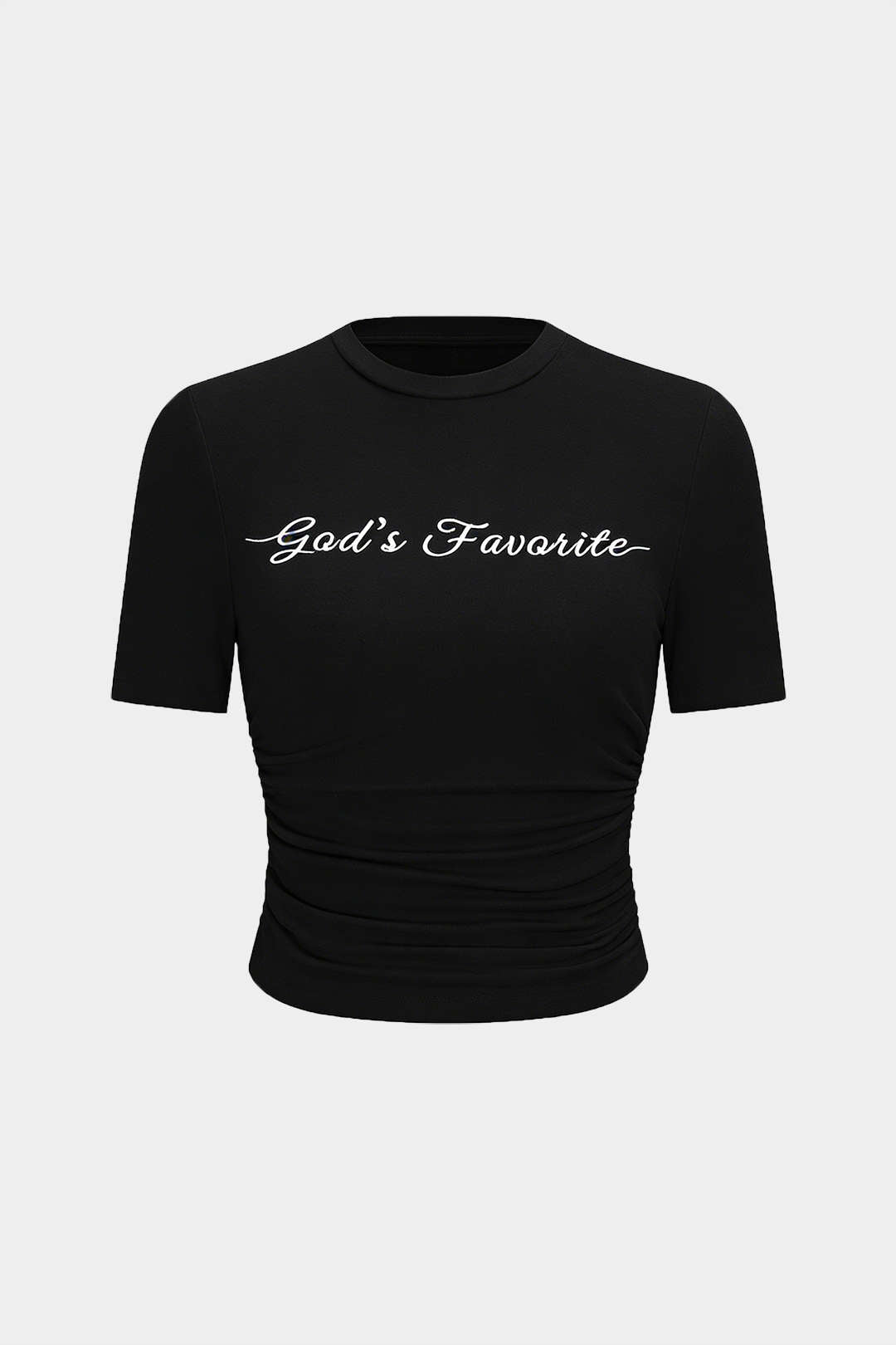 Letter Embroidery Round Neck Ruched Short Sleeve T-Shirt