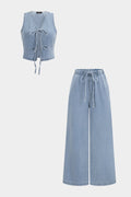 Denim Tie-Up Cut Out Tank Top And High Waist Wide Leg Pants Set