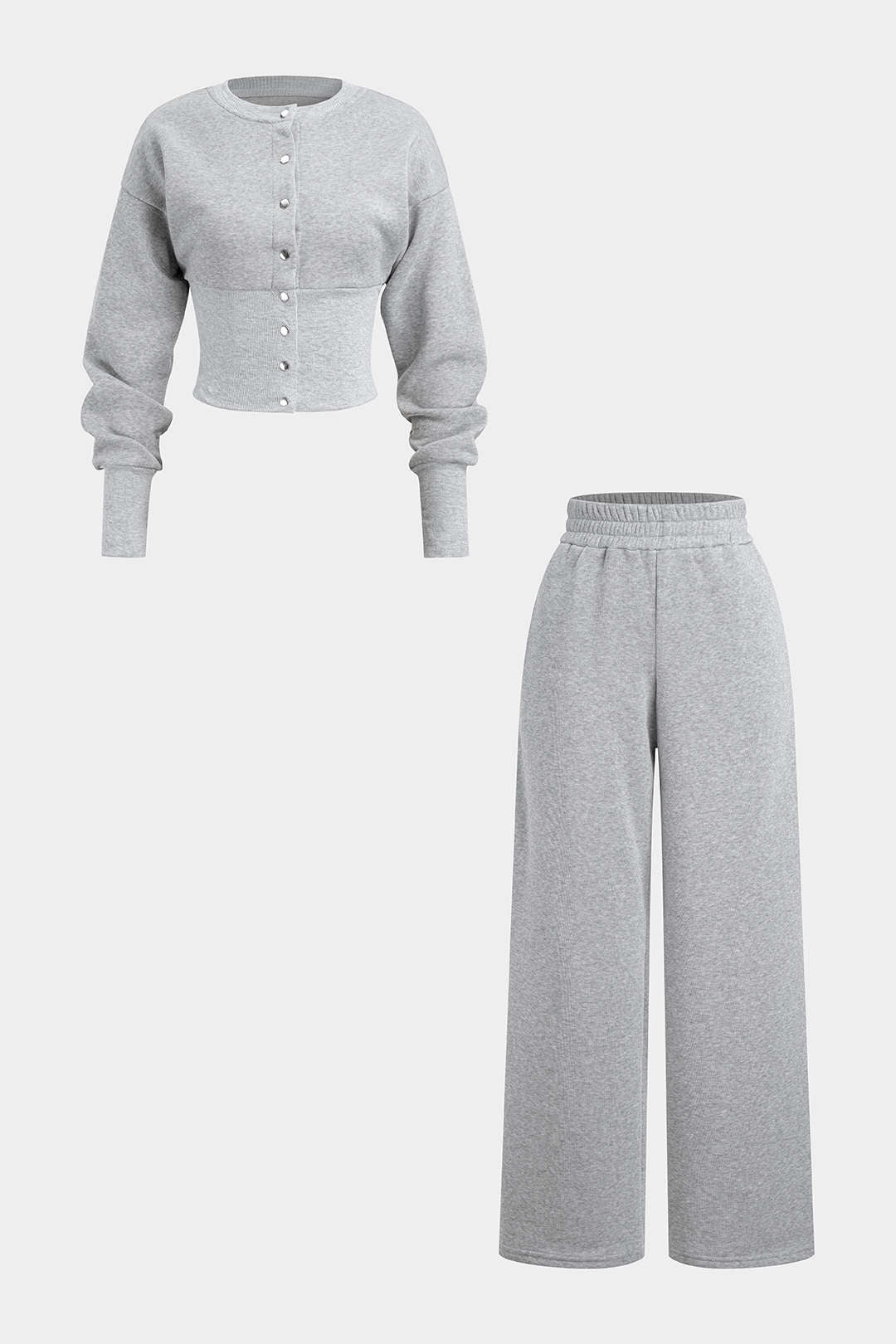 Solid Button Long-Sleeve Top And Shirred Waistband Pants Set