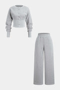 Solid Button Long-Sleeve Top And Shirred Waistband Pants Set
