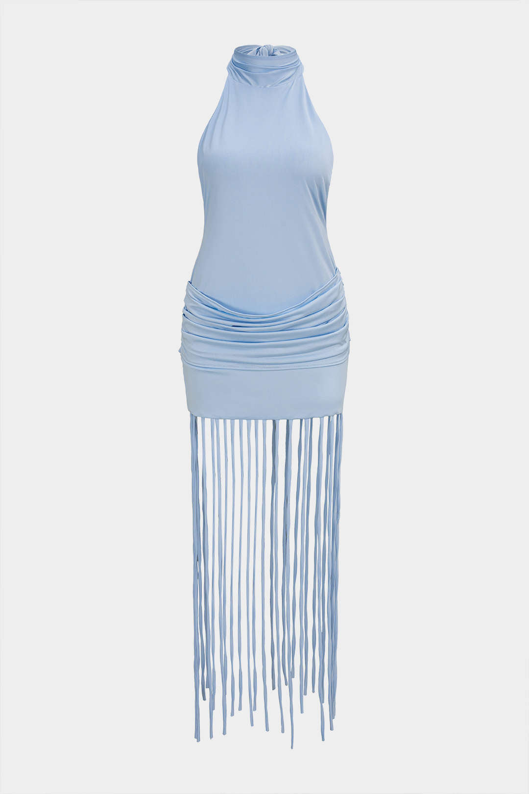 Halter Neck Pleated Fringe Backless Tie Back Sleeveless Midi Dress