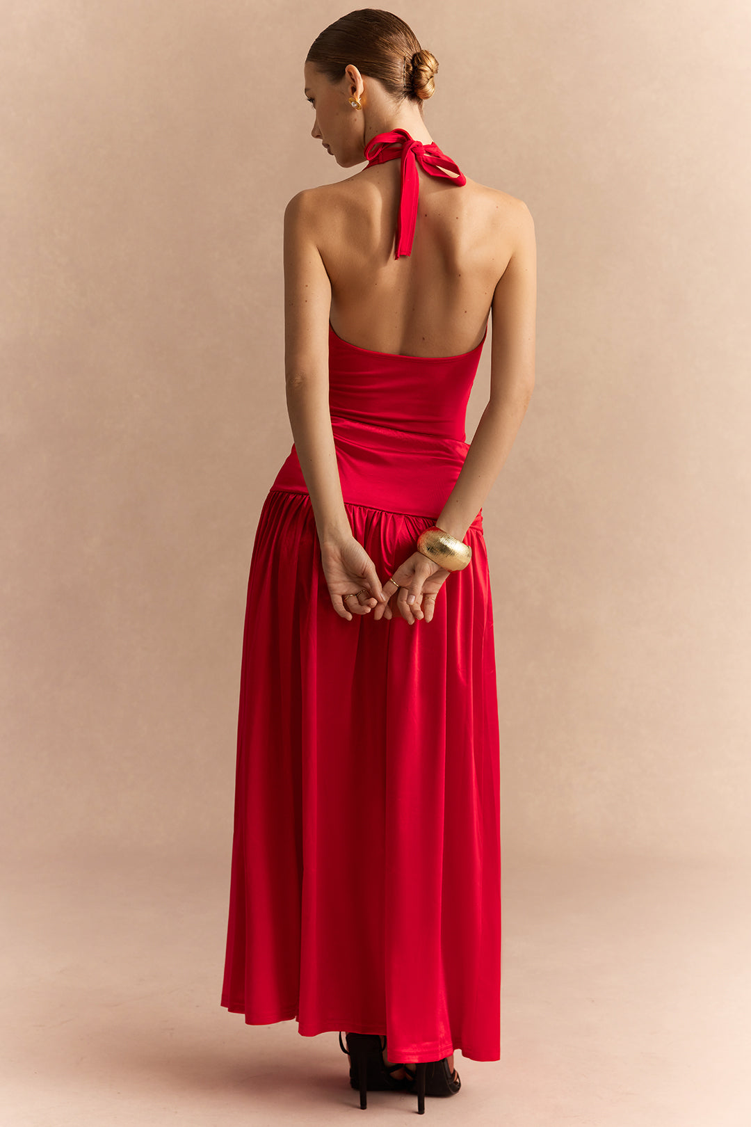 Satin Halter V-Neck Backless Sleeveless Maxi Dress