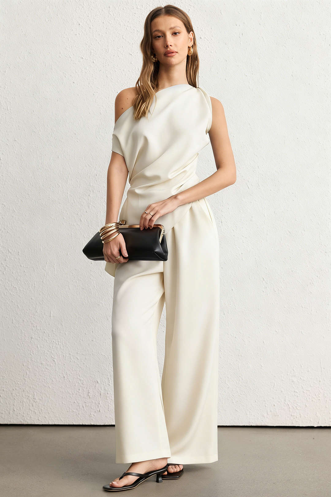 Solid One Shoulder Ruched Asymmetrical Tank Top And Wide Leg Pants Set