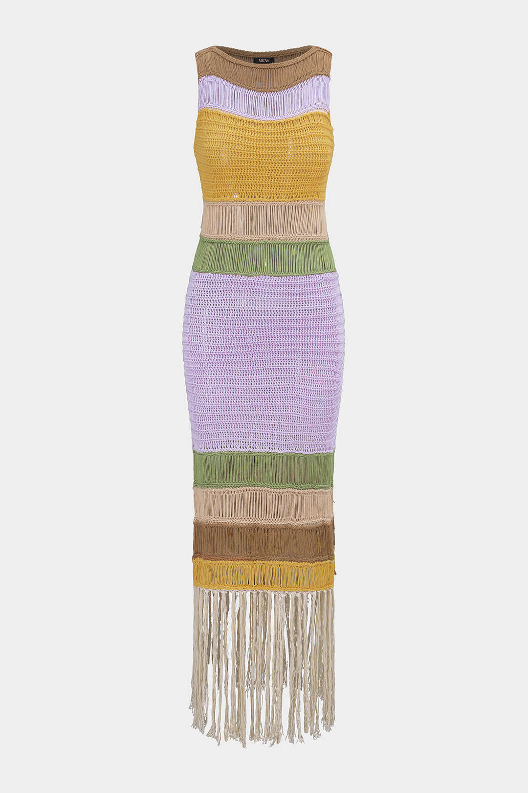 Knit Multicolor Round Neck Fringe Sleeveless Dress