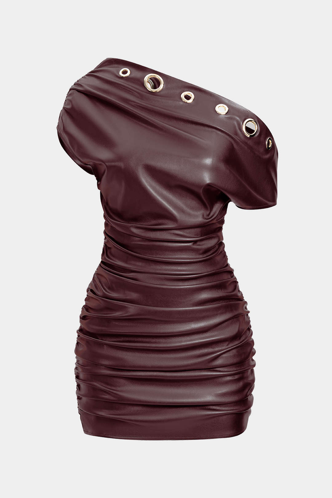 Faux Leather Metallic Eyelet Ruched One Shoulder Mini Dress