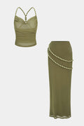 Mesh Crossed Twist Knot Backless Ruched Top And Asymmetrical Skirt Set