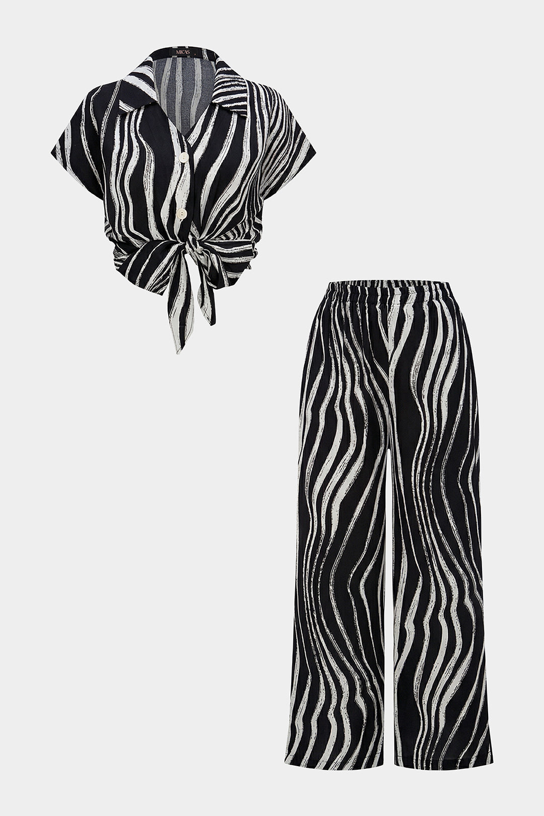 Contrast Stripes Print Button Shirt And Wide Leg Pants Set