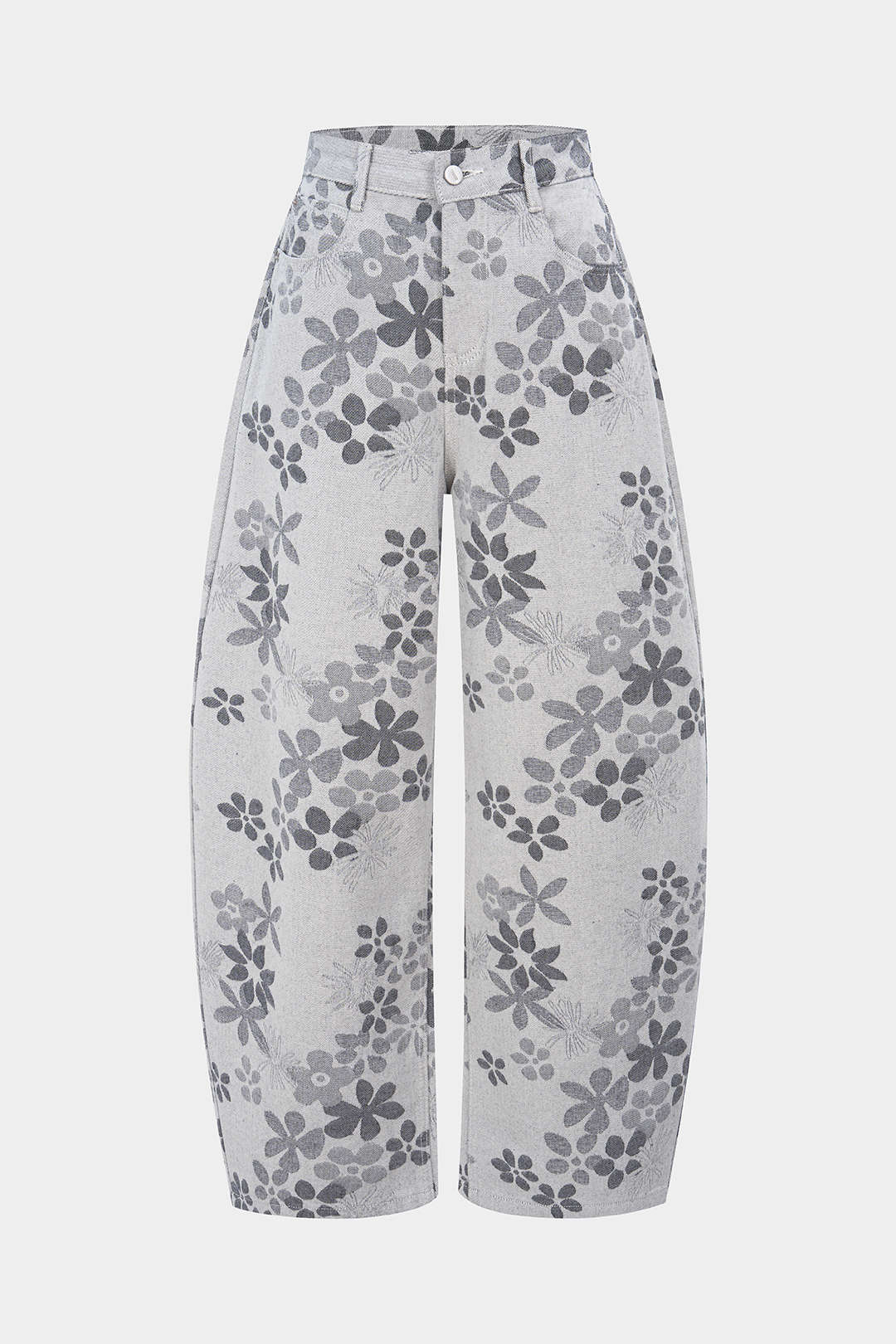 Denim Floral Print High-Waist Pocket Jeans